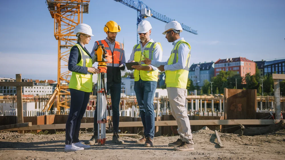 On a job site, a group of foremen monitor their team working at heights in real time.